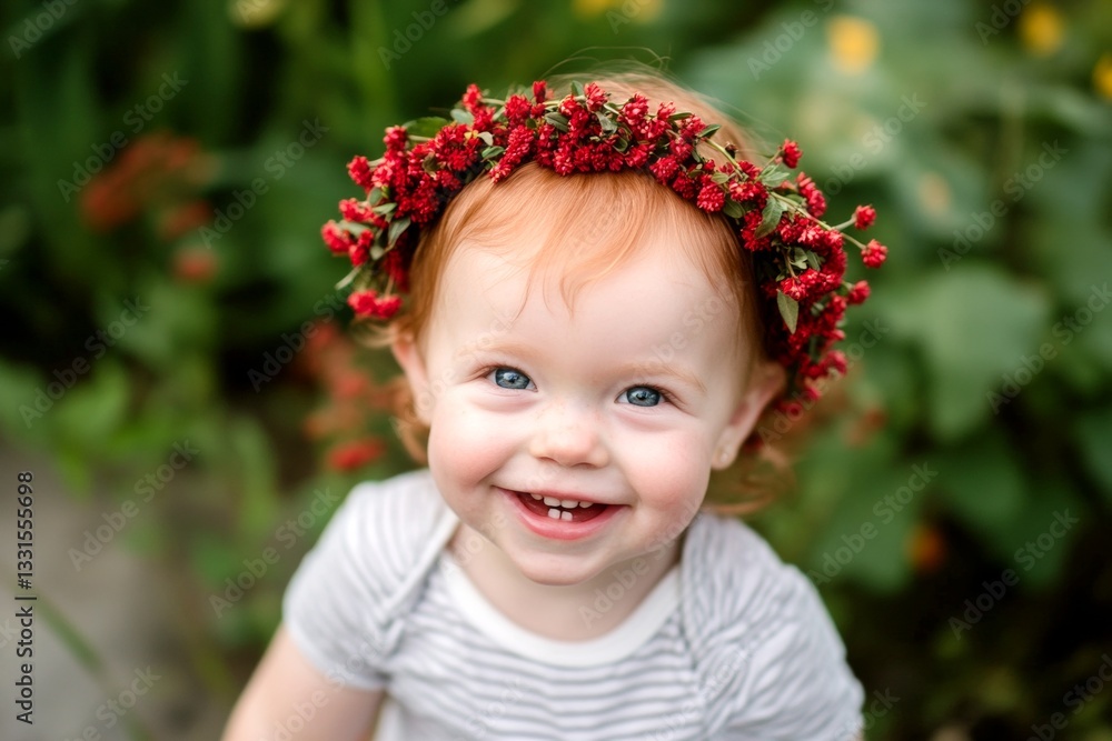 Happy caucasian toddler girl with red hair wearing red flower circlet on her head. Happy warm season visual idea. Sunny daylight. Gentle summer breeze on a girl’s face. Child with floral crown. Happy caucasian toddler girl with red hair wearing red flower circlet on her head. Happy warm season visual idea. Sunny daylight. Gentle summer breeze on a girl’s face. Child with floral crown.