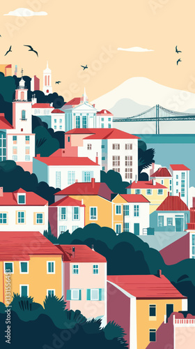Lisbon Summer Vintage Travel Poster with Landmarks and Abstract Hill Houses