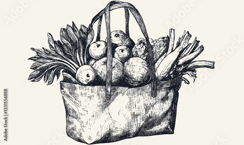 Hand-Drawn Grocery Bag with Fruits and Vegetables Engraving Minimalist Vector Illustration