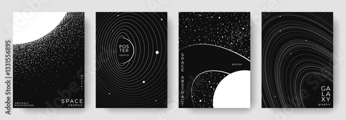 Set of abstract space astronomy backgrounds. Line art simple galaxy, planet, solar system. Black and white science future concept. Futuristic minimal design for cover, poster, banner, flyer, brochure