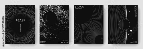 Set of abstract space astronomy backgrounds. Line art simple galaxy, planet, black hole. Black and white science future concept. Futuristic minimal design for cover, poster, banner, flyer, brochure