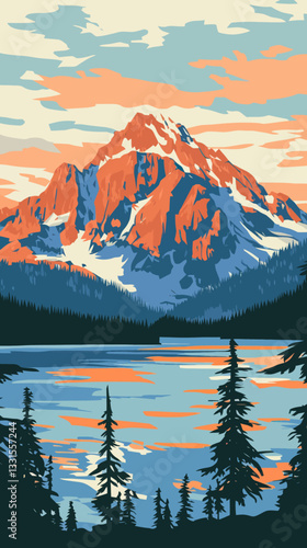 Vintage WPA Poster of Lila Lake with Hibox Mountain in Cascade Range, Washington
