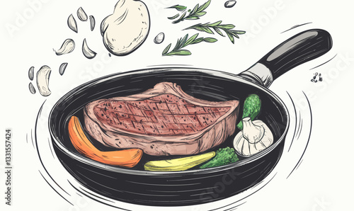 Grilled Beef Steak with Herbs and Vegetables Illustration for Barbecue Cooking Theme