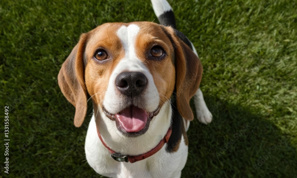 Adorable beagle puppy portrait on green grass, looking up with affection Adorable beagle puppy portrait on green grass, looking up with affection