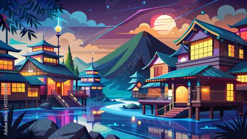 Traditional Japanese Houses by Water, Illuminated for Evening, with Digital Network Overlay