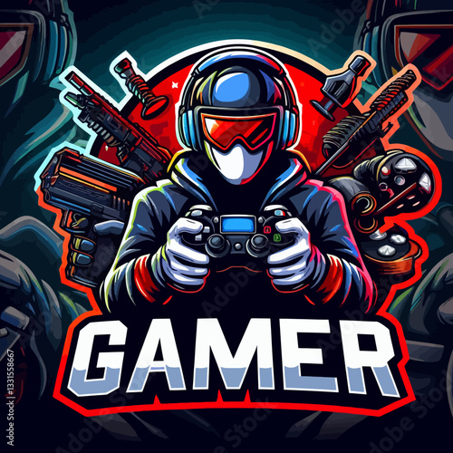 "Logo e-gamer gaming vibrant en style mascotte vectorielle, avec un personnage coloré sur fond transparent et isolé de clipart, en format vectoriel, parfait pour le branding."