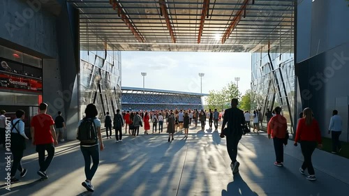 Crowd of people arriving at stadium on sunny day, spectators walking to stadium entrance