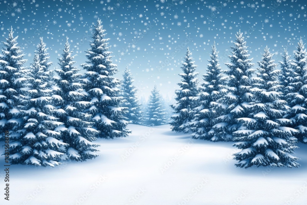 Obraz premium Snow covers a tranquil forest path surrounded by tall evergreen trees during a gentle winter snowfall