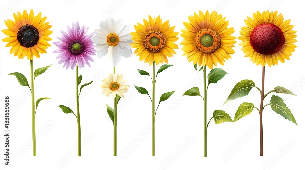 Naklejka premium Three Vibrant Sunflowers in Various Hues Against a White Background