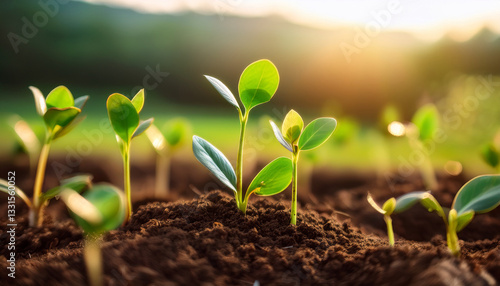 Pequeñas plantas verdes creciendo en la tierra en un campo verde en primavera
