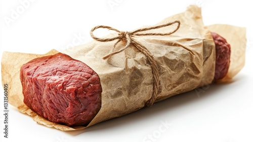 Fresh unwrapped beef cut on brown paper culinary showcase minimalist environment close-up view