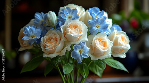 Delicate bouquet of pastel roses and blue flowers
