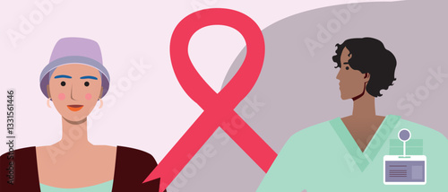 Oncologist doctor with cancer patient and cancer ribbon, flat vector stock illustration as concept of oncology treatment