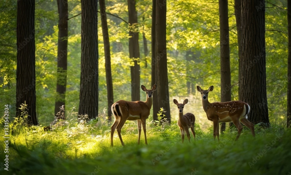 Fototapeta premium Graceful Deer Family in a Forest Glade Bathed in Golden Sunlight