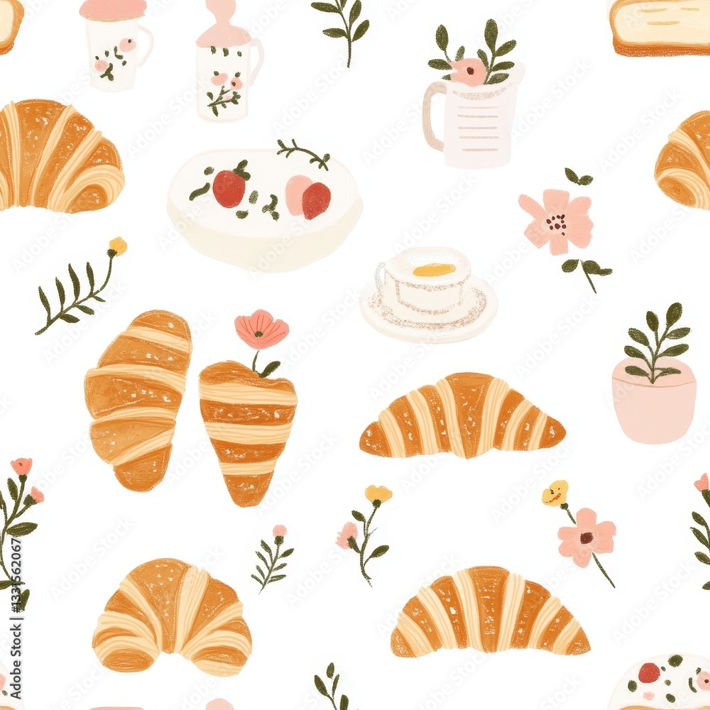 Seamless Pattern of Flaky Croissants and Delicate Pastries for Culinary Design and Bakery Inspiration Seamless Pattern of Flaky Croissants and Delicate Pastries for Culinary Design and Bakery Inspiration