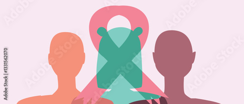 Cancer patients silhouettes and cancer ribbon, silhouette vector stock illustration with unidentifiable people together as a template with space for text or copy space