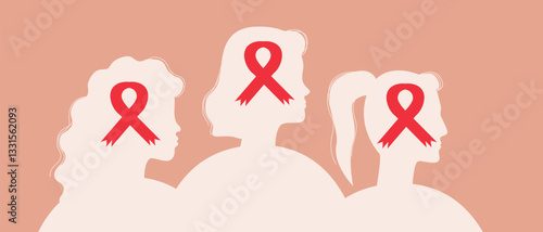 Cancer patients silhouettes and cancer ribbon, silhouette vector stock illustration with unidentifiable people together as a template with space for text or copy space