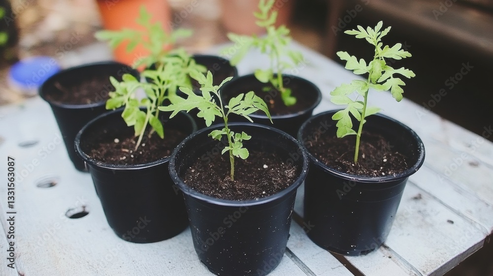 Young Tomato Seedlings in Black Pots on Rustic Wooden Table Young Tomato Seedlings in Black Pots on Rustic Wooden Table