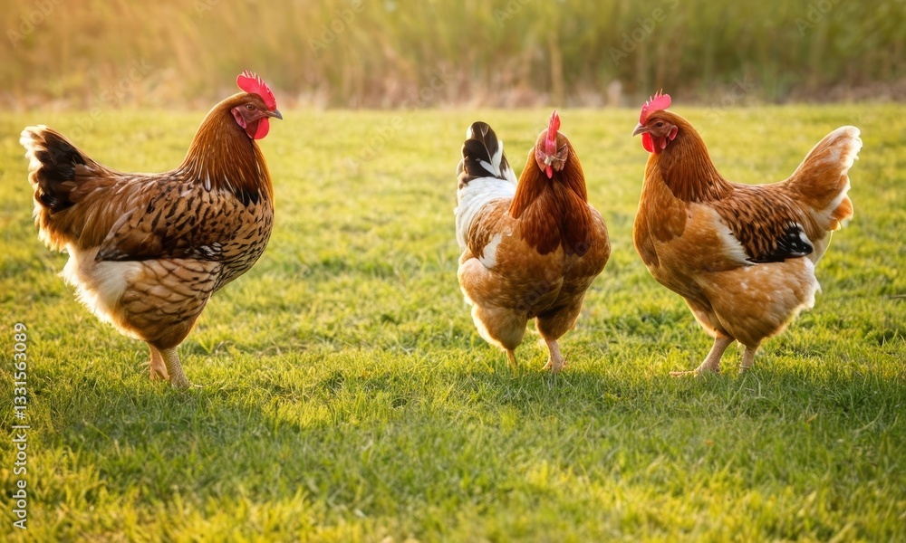 Fototapeta premium Three Free-Range Chickens Roaming on a Lush Green Pasture with Golden Sunlight