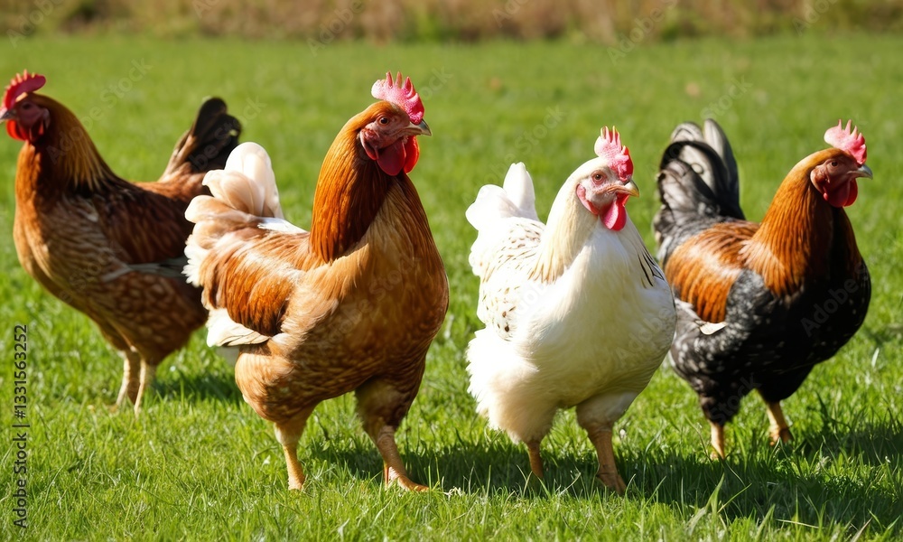 Fototapeta premium A Colorful Flock, Chickens Grazing Freely on the Lush Green Meadow