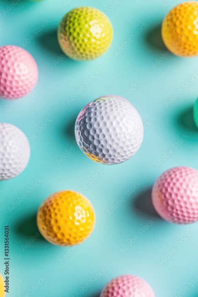 A collection of golf balls arranged on a blue surface, suitable for sports or lifestyle illustrations A collection of golf balls arranged on a blue surface, suitable for sports or lifestyle illustrations