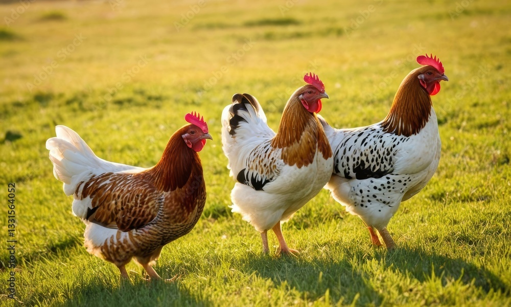 Three chickens graze peacefully in a sunlit green meadow during daytime Three chickens graze peacefully in a sunlit green meadow during daytime