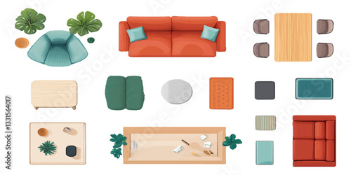 Top-view flat vector illustration of interior design elements set, office furniture, and decor isolated on a white background with a clipping path.