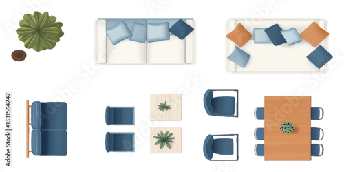 Top-view flat vector illustration of interior design elements set, office furniture, and decor isolated on a white background with a clipping path.