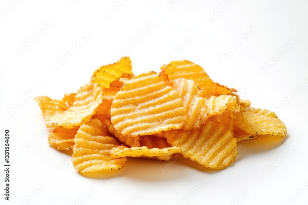 A stack of crispy potato chips on a clean white surface A stack of crispy potato chips on a clean white surface