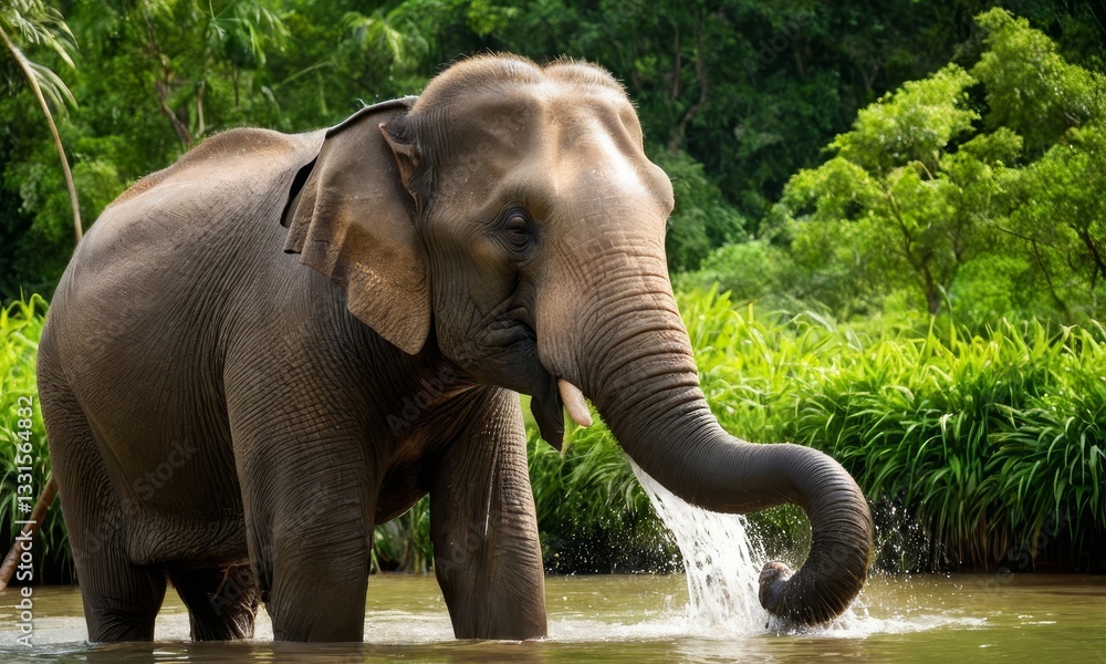 Fototapeta premium Majestic elephant bathing in river surrounded by lush greenery