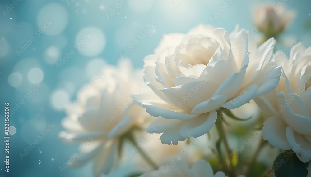 Fototapeta premium Soft White Roses with Dreamy Blue Bokeh Background