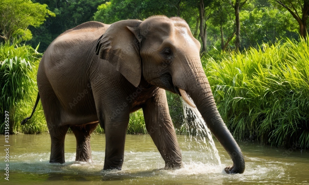 Fototapeta premium Majestic Asian Elephant cools off in the river on a sunny afternoon