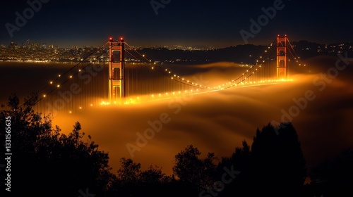 Golden gate bridge illuminated at night san francisco cityscape photography foggy atmosphere dramatic viewpoint