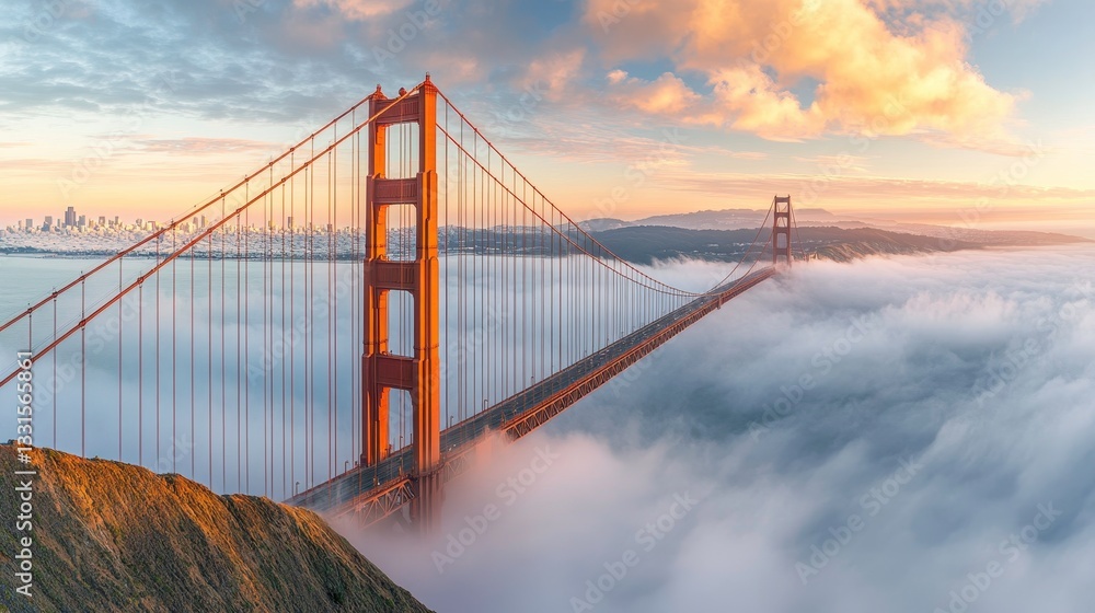 Fototapeta premium Golden gate bridge emerging from fog san francisco landscape photography serene environment wide angle view
