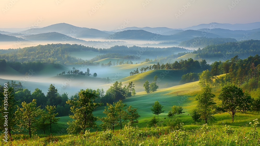 Fototapeta premium Serene Landscape with Misty Mountains and Lush Green Hills