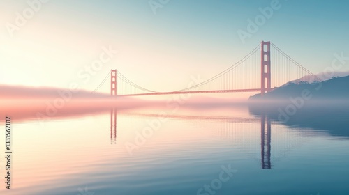Golden gate bridge reflection at dawn san francisco landscape photography serene environment wide angle view