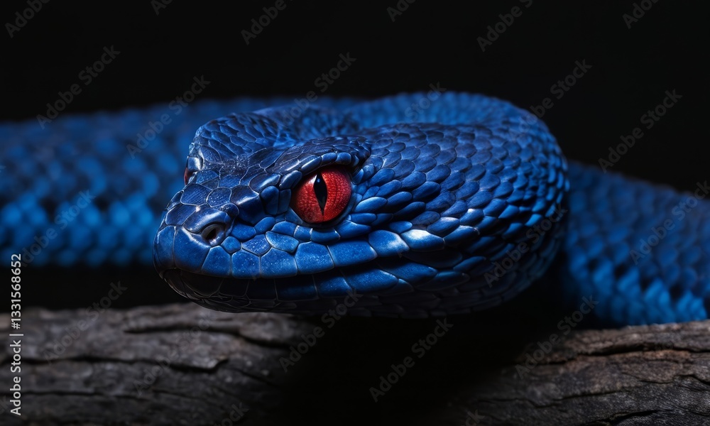 Fototapeta premium Striking close-up of a vibrant blue snake with piercing red eyes