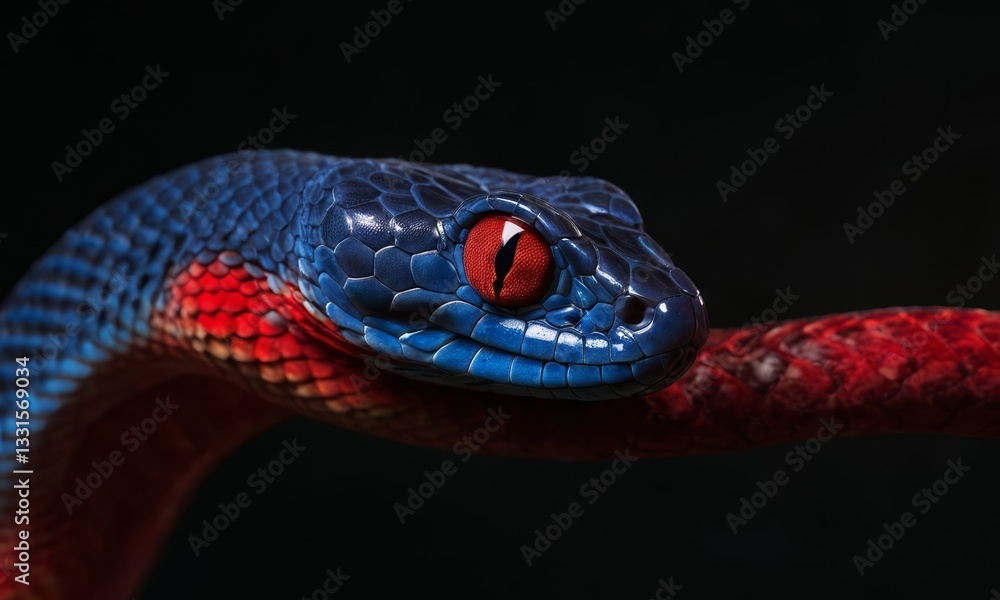Fototapeta premium Close-up portrait of a venomous Mangrove Snake with vibrant blue scales and piercing red eyes on a dark background