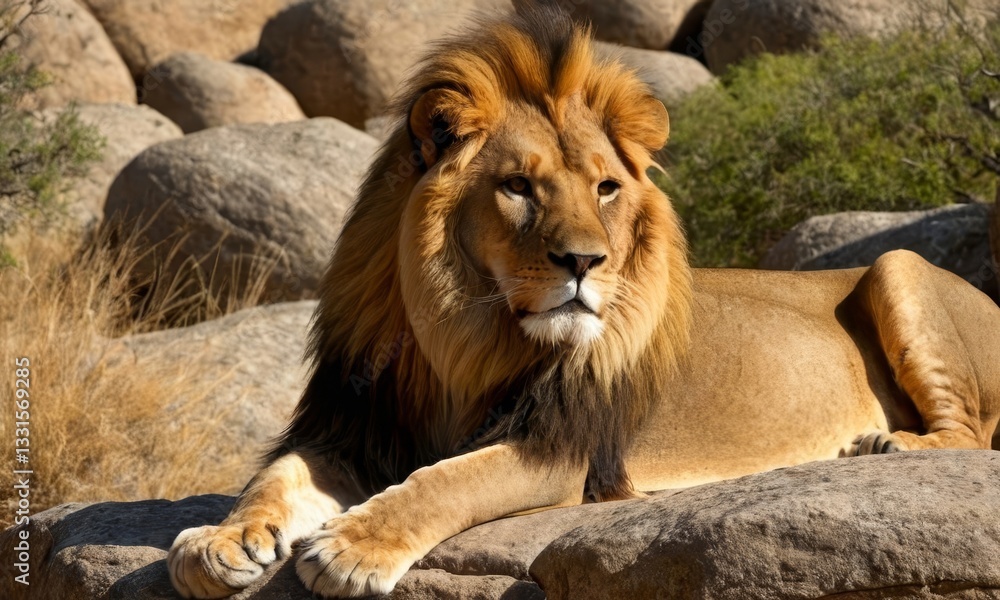 Majestic Lion Portrait, A Regal Beast Resting on Rocky Terrain under Sunlight Majestic Lion Portrait, A Regal Beast Resting on Rocky Terrain under Sunlight