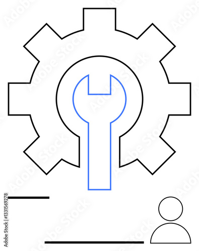 Gear with wrench illustrating configuration, technical support, and maintenance paired with user figure. Ideal for engineering, teamwork, problem-solving, IT, process, innovation flat simple