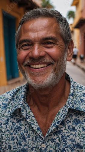 Smiling man in Cartagena with weathered features and floral shirt exudes warmth and character in a vibrant street scene. Positive expression.