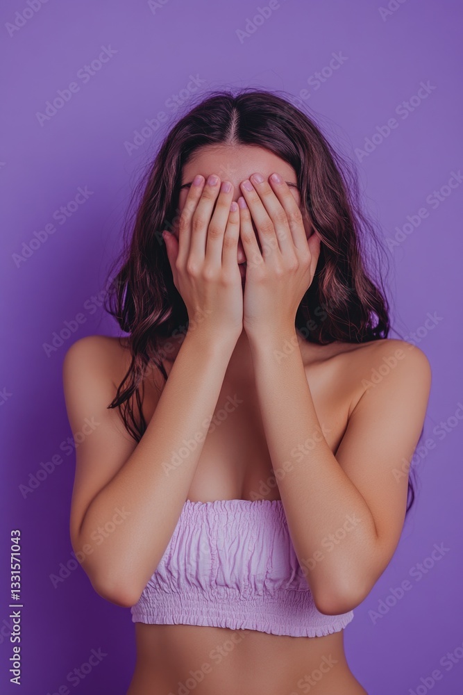 A person concealing their identity by covering their face with their hands A person concealing their identity by covering their face with their hands
