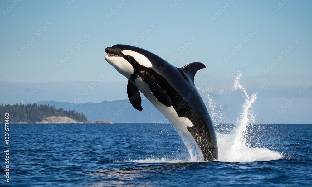 Fototapeta premium Majestic Orca Breaching in the Ocean, A Stunning Display of Marine Wildlife