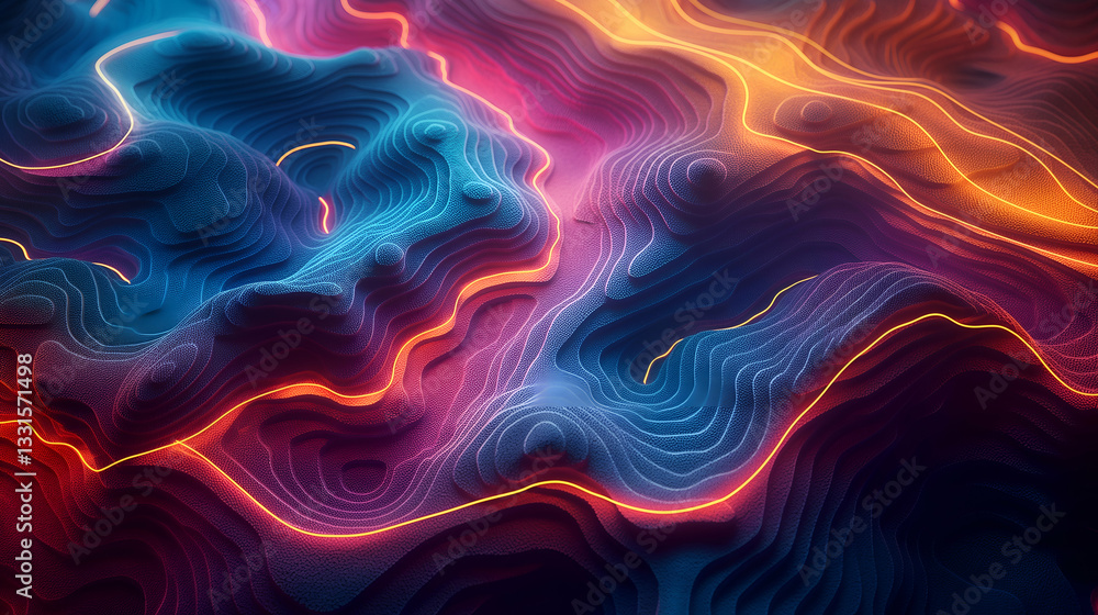 Obraz premium 3D Topographic Landscape Neon Lines, Colorful Wave Pattern for Digital Art Background