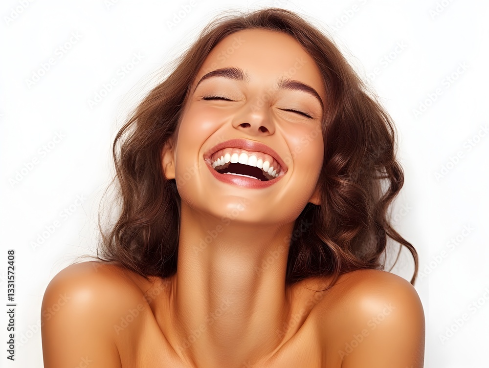 Joyful woman with a bright smile radiating happiness and laughter against a clean white background in isolated portrait Joyful woman with a bright smile radiating happiness and laughter against a clean white background in isolated portrait
