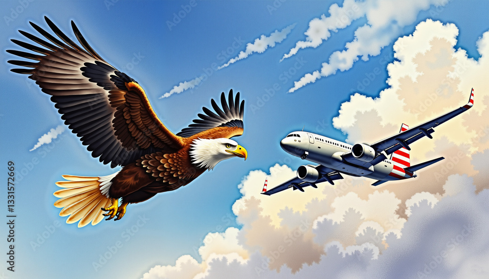 Obraz premium Bald eagle soaring with airplane in bright skies, Independence Day spirit