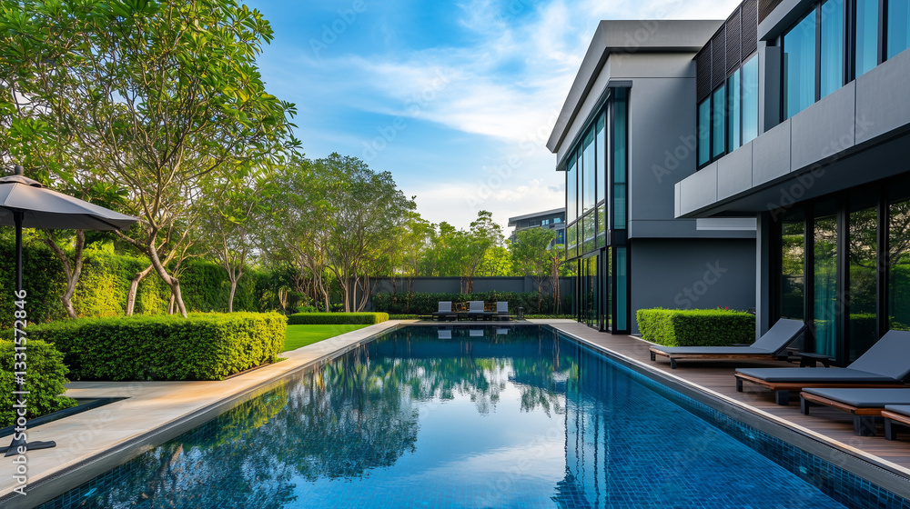 Fototapeta premium A modern home with a backyard pool ready to be uploaded to Adobe Stock. The image is shown alongside other files in a grid layout.