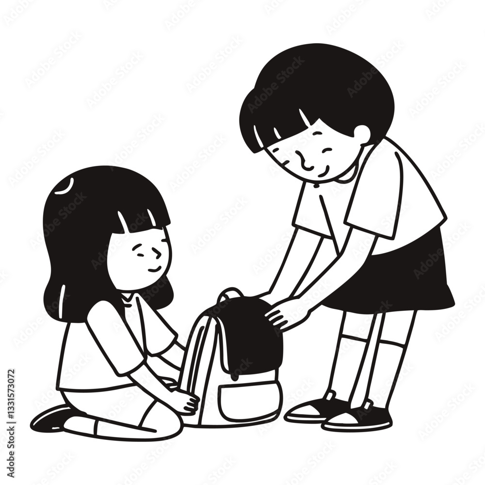 Child Helping Friend Pick Up School Bag Silhouette – Vector Art Illustration Child Helping Friend Pick Up School Bag Silhouette – Vector Art Illustration