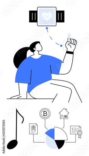 Wallpaper Mural Woman interacting with a smartwatch displaying heart rate, surrounded by symbols for music, finance, cryptocurrency, home ownership, and data analytics. Ideal for health, technology, lifestyle Torontodigital.ca