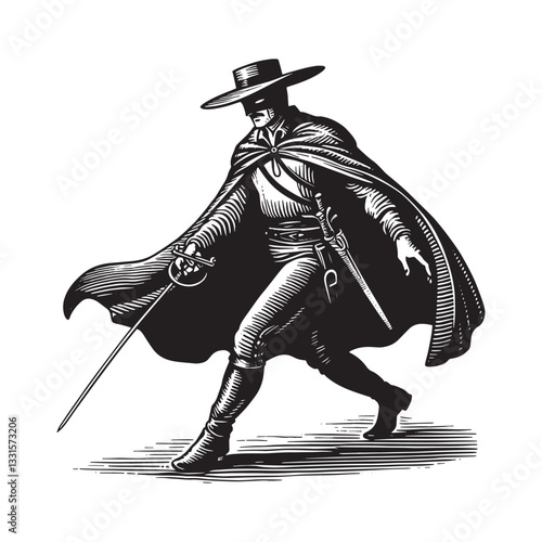 Vintage woodcut of masked swordsman in action pose, isolated on white background